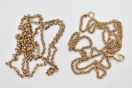 TWO 9CT GOLD CHAINS, a fine belcher chain necklace, fitted with a spring clasp, approximate length