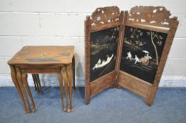 A CHINOISERIE WALNUT NEST OF THREE TABLES, largest table width 49cm x depth 36cm x height 55cm,
