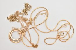 A SMALL ASSORTMENT OF JEWELLERY, the first a yellow gold snake chain, fitted with a spring clasp,