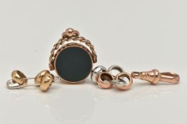 AN EDWARDIAN SWIVEL FOB, LINKS AND CLASP, the circular swivel fob set with bloodstone and a