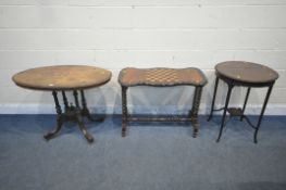 A LATE VICTORIAN WALNUT AND MARQUETRY INLAID OVAL CENTRE TABLE, width 97cm x depth 61cm x height