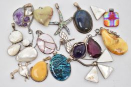 ASSORTED PENDANTS, to include two large white metal and mother of pearl pendants (one AF) each