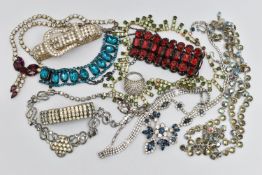 ASSORTED PASTE SET JEWELLERY, to include necklaces, bracelets, a large paste set ring etc