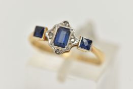 A SAPPHIRE AND DIAMOND RING, designed as a central rectangular sapphire surrounded by four diamonds,