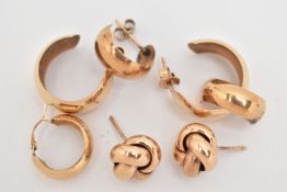 AN ASSORTMENT OF EARRINGS, the first a pair of yellow gold knot stud earrings, hallmarked 9ct
