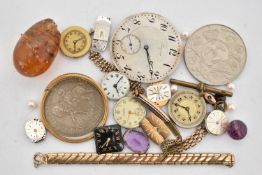 A SMALL QUANTITY OF ITEMS, to include two commemorative coins, ladies and gents watch movements