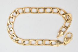 A 9CT GOLD CHAIN BRACELET, a square form curb link chain bracelet, fitted with a lobster clasp,