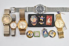 A COLLECTION OF 'BUTLINS' PINS AND ASSORTED WATCHES, eight Butlins pins and badges, dated between