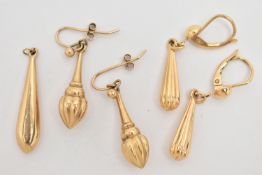 A SMALL SELECTION OF EARRINGS, the first a yellow gold pair of drop earrings with lever fittings,