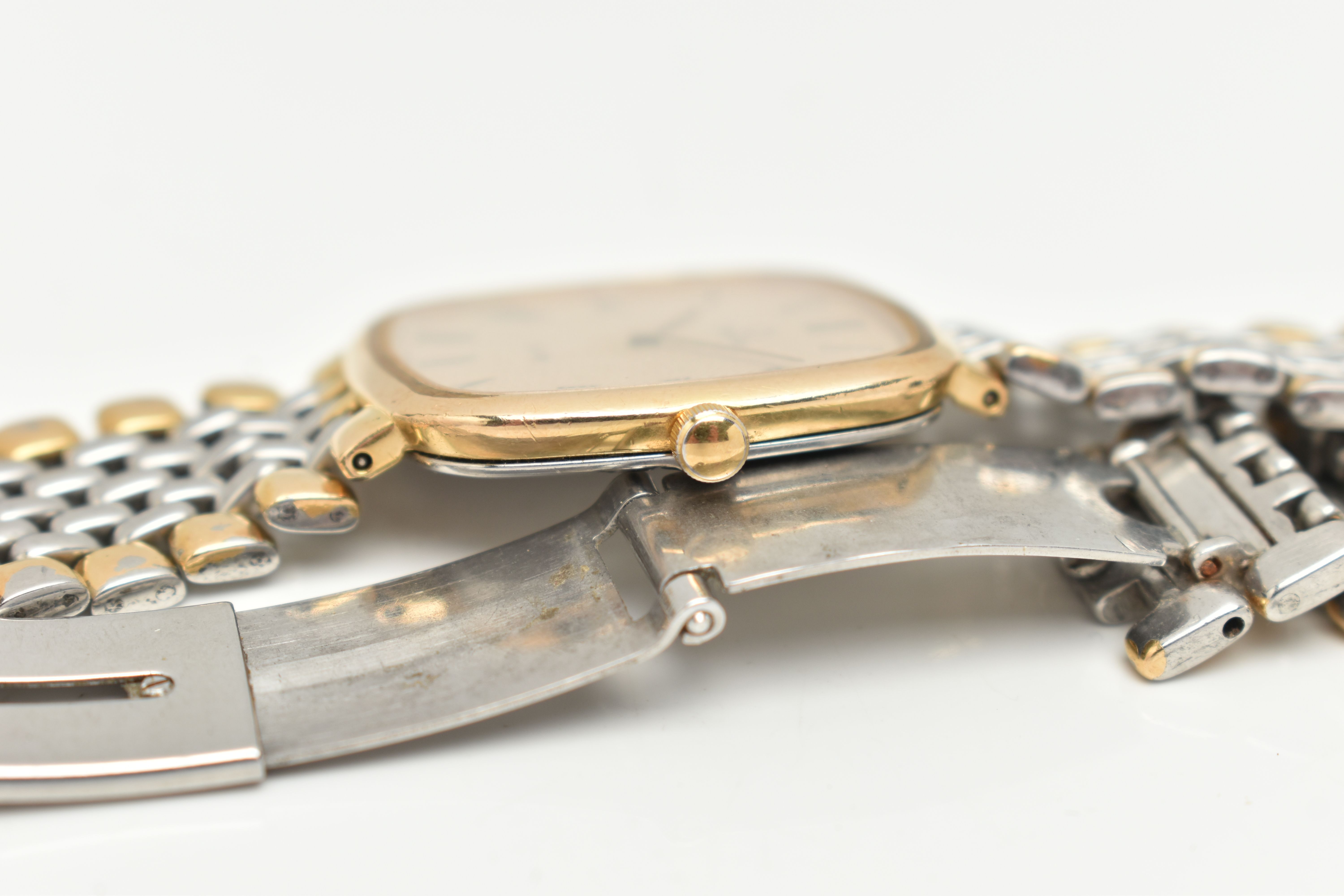AN OMEGA DE VILLE STAINLESS STEEL WRISTWATCH, the curved square face with black Roman numerals, gold - Image 6 of 6
