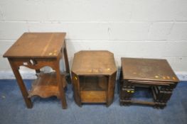 AN ARTS AND CRAFTS SQUARE OAK OCCASIONAL TABLE, 46cm square x height 74cm, an oak nest of three