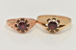 TWO GARNET SET RINGS, the first a gents 9ct gold, garnet gypsy set ring, hallmarked 9ct