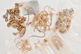 AN ASSORTMENT OF 9CT GOLD AND YELLOW METAL, to include a broken 9ct gold chain bracelet,