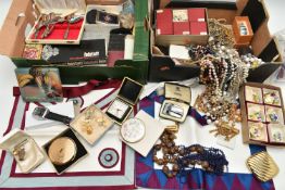 TWO BOXES OF ASSORTED ITEMS, to include imitation pearl necklaces, beaded necklaces, arm cuffs,