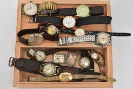 A SMALL WOODEN BOX WITH ASSORTED WRISTWATCHES, to include a gents worn 'Invicta' manual wind base