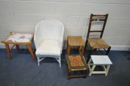 A WHITE PAINTED WICKER TUB CHAIR, a rush seated chair, along with four stools (condition report: