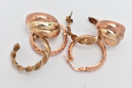 THREE PAIRS OF HOOP EARRINGS, a pair of rose metal earrings with lever fittings, stamped 375, a pair