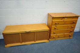 A MODERN PINE CHEST OF FOUR LONG DRAWERS, width 95cm x depth 46cm x height 92cm, and a pine