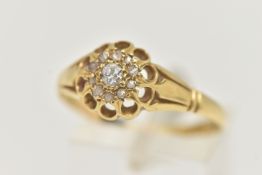 AN 18CT GOLD DIAMOND CLUSTER RING, circular cluster, set with a central old cut diamond, within a
