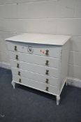 A WHITE FRENCH PAINTED CHEST OF FIVE DRAWERS, width 79cm x depth 49cm x height 84cm (condition