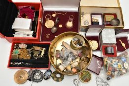 A BOX OF ASSORTED ITEMS, to include a red jewellery box with contents of costume jewellery, stick