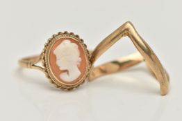 TWO 9CT GOLD RINGS, to include a cameo ring and a V-shape ring, both with 9ct hallmarks, ring