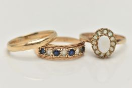 THREE 9CT GOLD GEM SET RINGS, to include an opal and colourless gem cluster ring, a seven stone