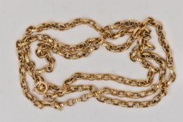 A YELLOW METAL BELCHER CHAIN NECKLACE, fitted with a spring release clasp, clasp stamped 9ct, length
