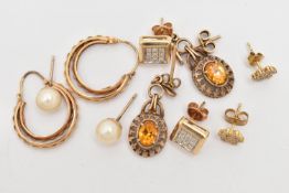 FIVE PAIRS OF EARRINGS, to include a pair of cultured pearl stud earrings, a pair of hinged hoop