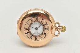 A 9CT GOLD, 'WALTHAM' HALF HUNTER POCKET WATCH, manual wind, round white dial signed 'Waltham U.S.