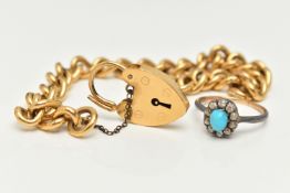 A TURQUOISE AND DIAMOND CLUSTER RING AND A ROLLED GOLD CURB LINK BRACELET, a white metal oval