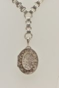 A VICTORIAN SILVER LOCKET AND BOOK CHAIN, an oval locket with embossed floral detail, approximate