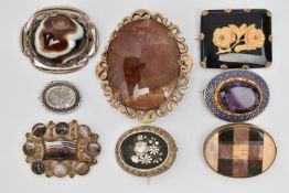 EIGHT MAINLY LATE VICTORIAN BROOCHES, to include a Pietra dura floral brooch, an oval inlaid