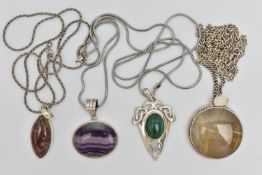 FOUR GEM SET PENDANT NECKLACES, to include malachite, rutilated quartz, banded fluorite and