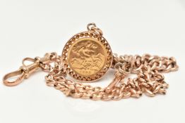 A 9CT ROSE GOLD DOUBLE ALBERT CHAIN WITH HALF SOVEREIGN FOB, graduated Albert chain, most links