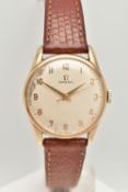 A GENTS 9CT GOLD 'OMEGA' WRISTWATCH, manual wind, round silvered dial signed 'Omega', Arabic