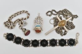 FOUR ITEMS OF SILVER AND WHITE METAL JEWELLERY, to include a cross pendant set to the centre with an