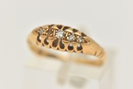 AN 18CT GOLD DIAMOND BOAT RING, (AF one diamond is missing), old and rose cut diamonds in an open