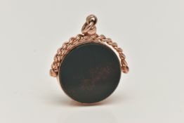 A 9CT GOLD SWIVEL FOB, of circular outline set with carnelian and bloodstone to the curb link