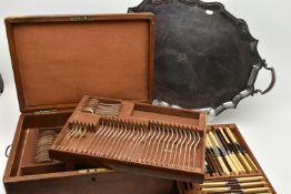 A CANTEEN OF CUTLERY AND SERVING TRAY, a wooden canteen encasing an incomplete set of cutlery,