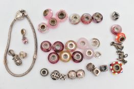 A SELECTION OF CHARMS, to include nine Rhonda Sutton glass charms, four Love links glass charms,