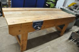 A LONG PINE WORK BENCH WITH A RECORD No 52 1/2 VICE FITTED width 216cm depth 80cm height 84cm