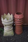 A VICTORIAN CHIMNEY POT, height 73cm, and a terracotta louvre chimney pot (condition report: