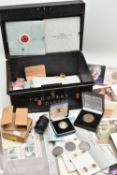 A STRONG BOX CONTAINING MIXED COINAGE, to include a Royal Mint Jamaica boxed $25 Dollar Silver Proof