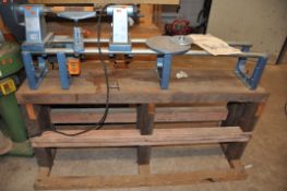 AN ELU DB180 WOODWORKING LATHE mounted to a bespoke pine bench and two face plates bed length