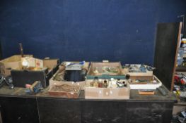 FIVE TRAYS CONTAINING WATCH AND CLOCKMAKERS TOOLS AND PARTS including gauging tools, pliers,