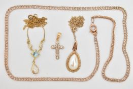 A SELECTION OF YELLOW METAL JEWELLERY, to include a cubic zirconia cross pendant stamped 9ct ZED,