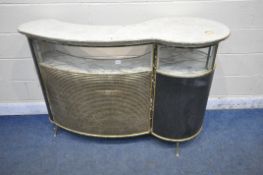 A MID CENTURY FORMICA TOP BAR, unusually shaped, with rounded glass panes, fitted with an
