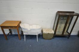 A MID CENTURY OAK SCHOOL DESK, with a hinged lid, width 62cm x depth 46cm x height 76cm, a white