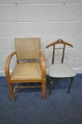 A MID CENTURY TEAK VALET CHAIR, with a hinged seat, raised on cylindrical tapered legs, along with